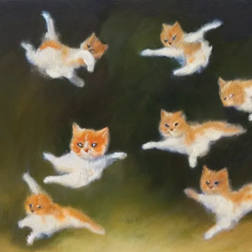 Prompt: palette knife oil painting of a flock of flying kittens