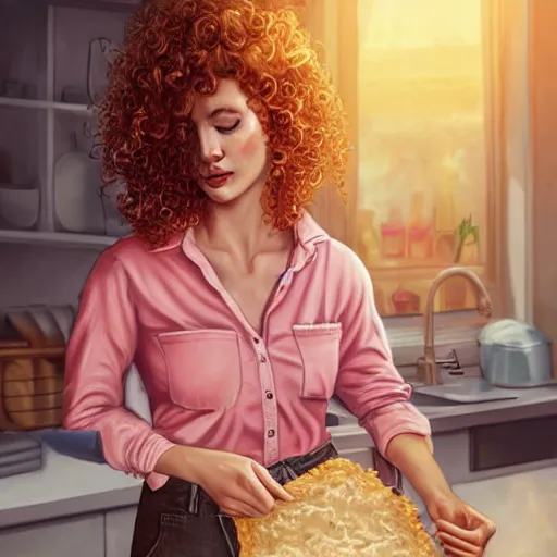 Prompt: portrait of a woman with curly hair in a pink shirt and highrise jeans making sourdough in sunlit kitchen, hyper detailed, digital art, trending in artstation