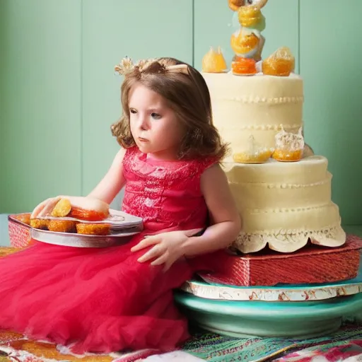 Prompt: a marmelade cake sitting on a thrown wearing a princess dress