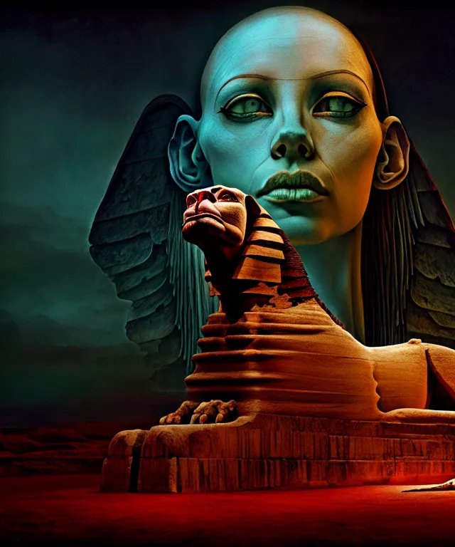 Image similar to epic professional digital art the sphinx, horrific yet beautiful vibe, evocative, atmospheric lighting, painted, intricate, highly detailed, by leesha hannigan, wayne haag, reyna rochin, ignacio fernandez rios, mark ryden, iris van herpen, artstation, cgsociety, stunning, gorgeous, sharp focus, cinematic, masterpiece