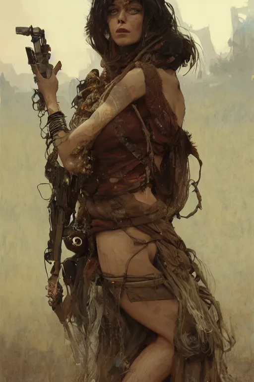 Prompt: a full body portrait of a beautiful post apocalyptic offworld musicians district bedouin blind pulp fiction scarlet wild rogue barbarian leper begging by the roadside, intricate, elegant, highly detailed, digital painting, artstation, concept art, smooth, sharp focus, illustration, art by krenz cushart and artem demura and alphonse mucha