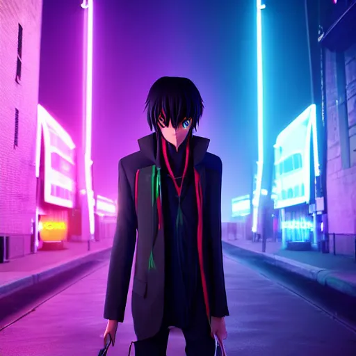 Prompt: Lelouch Lamperouge in a neon city, octane render 8k, atmospheric render, myserious man, professional render, volumetric light, artstation, octane render, redshift render, low angle camera, rich deep moody colors