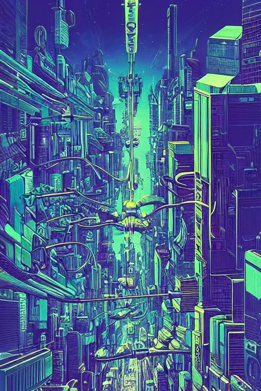 Image similar to astronaut cyberpunk surreal upside down city neon lights by moebius, Jean Giraud, trending on artstation