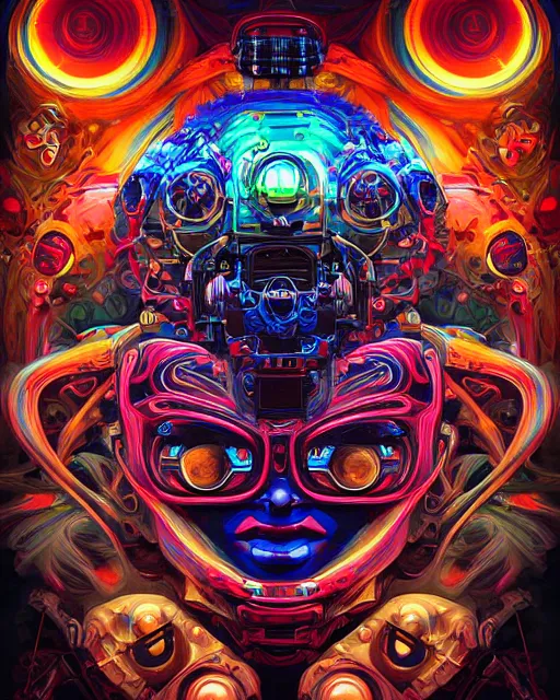 Prompt: Biomechanical ayahuasca robot portrait, psychedelic swirls, groovy, LSD, by ross tran, frank frazetta, dan mumford, alena aenami