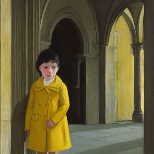 Prompt: a painting of a little girl with short black hair and wearing a yellow coat alone in the middle of a cloister in an abbey by hopper