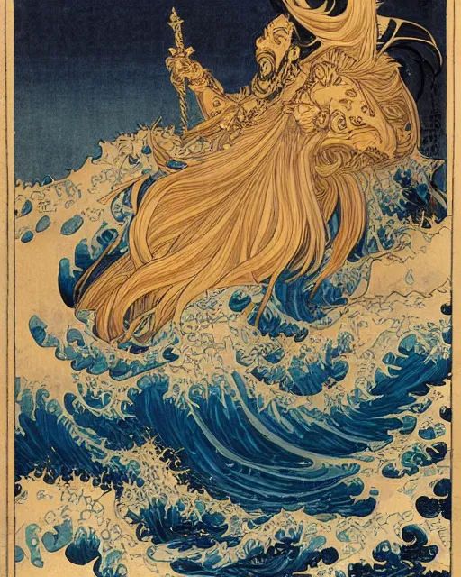 Prompt: royal king of the ocean poseidon world of warcraft god by hokusai and james gurney