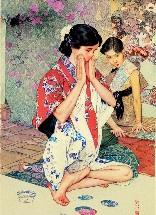 Prompt: an art nouveau copic maker illustration of a girl doing yoga wearing a kimono by norman rockwell and john berkey and stanley lau,