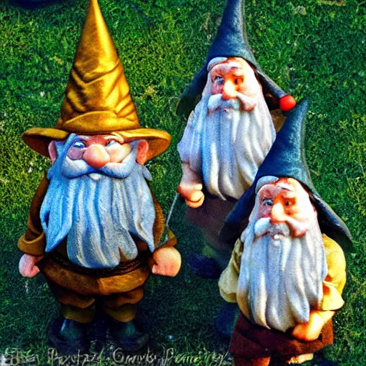 Image similar to garden gnomes bilbo's birthday party, gandalf, fireworks, frodo, pippin, merry, cute, tilt shift, award winning, highly textured