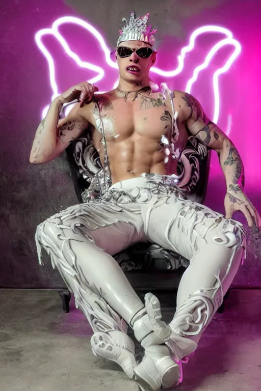 Image similar to full-body rococo and cyberpunk style neon statue of a muscular attractive Camilo wearing cholo shades macho dotado e rico android sim roupa reclining con las piernas abertas e la piroca dura, ethereal white dripping tar, glowing white lasers, pink tigers, glowing eyes, silver prince crown, black gears, pink diamonds, swirling mint-colored silk fabric. futuristic elements. full-length view. human skulls. large intricate artwork by caravaggio. Trending on artstation, octane render, cinematic lighting from the right, hyper realism, octane render, 8k, depth of field, 3D