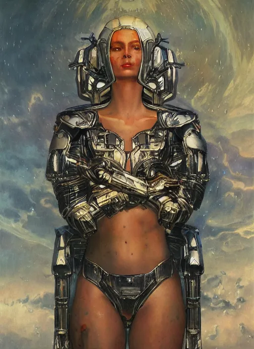 Image similar to a biblical diabolical beautiful female android, hawk, shiny hi tech armor, dynamic pose, splashing, heavy eyes to the side, glowing veins, in clouds, rain, sunset, portrait, by gerald brom, by mikhail vrubel, by peter elson, muted colors, extreme detail, reflections, trending on artstation, 8 k