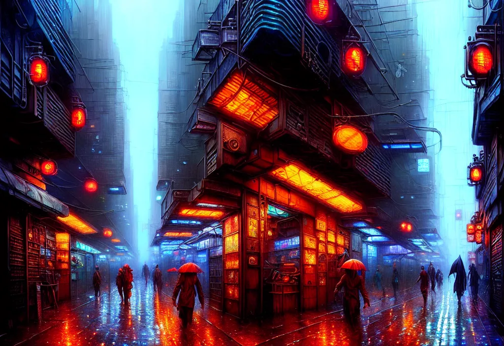 Image similar to a highly detailed rainy bazaar street in a cyberpunk megacity, amazing cyberpunk digital painting, by gerald brom, brom digital art, intricate details, ultra realistic, beautiful art, volumetric lighting, ultrarealistic, by art germ, by brom, trending cgsociety, artstation, bladerunner theme, by anato finnstark 8 k