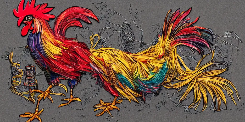 Image similar to colorful illustration of a fighting rooster made of car parts, mix of styles, intricate, highly detailed, dark color scheme, golden ratio