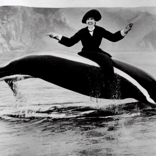Image similar to Ellen G White riding a killer whale. Archival photo 1920. 4K