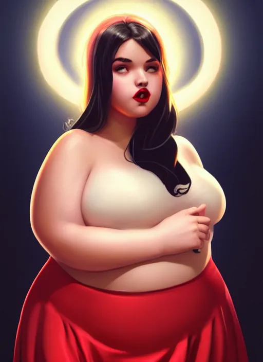 Image similar to full body portrait of teenage veronica lodge, obese, bangs, sultry, realistic, sultry smirk, wavy hair, red skirt, fat, belly, intricate, elegant, glowing lights, highly detailed, digital painting, artstation, concept art, smooth, sharp focus, illustration, art by wlop, mars ravelo and greg rutkowski