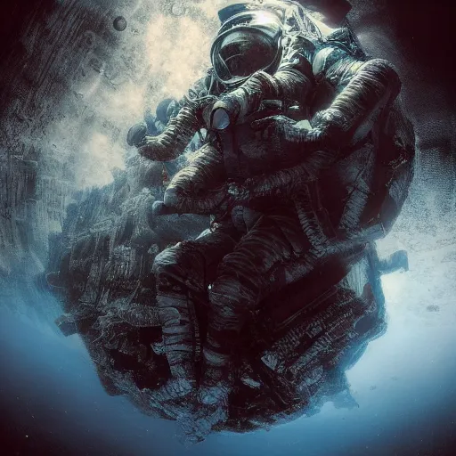 Image similar to concept art by craig mullins astronaut in futuristic dark and empty spaceship underwater. infrared complex and hyperdetailed technical suit. mandelbulb fractal. reflection and dispersion materials. rays and dispersion of light. volumetric light. 5 0 mm, f / 3 2. noise film photo. flash photography. unreal engine 4, octane render. interstellar movie art