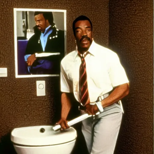 Prompt: a 8 0's movie poster starring eddie murphy as a plumber for rich people. he's in a bathroom holding a toliet plunger. the movie is titled beverly hills crap