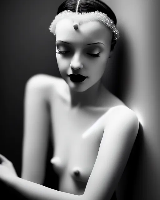 Image similar to black and white dreamy young beautiful female artificial intelligence, cinematic, rim light, bokeh, photo - realistic, elegant, high detail, 8 k, masterpiece, photo taken in 1 9 3 0, inspired by cecil beaton