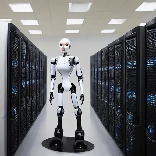 Image similar to A female robot guarding a wall of computers