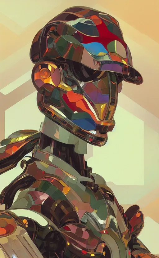 Image similar to upper half portrait of colourful army mecha robot, art by hsiao - ron cheng & alphonse mucha, highly detailed, digital painting, concept art, illustration, smooth sharp focus, intricate, symmetry, blcak background, black backdrop, png, artstation,