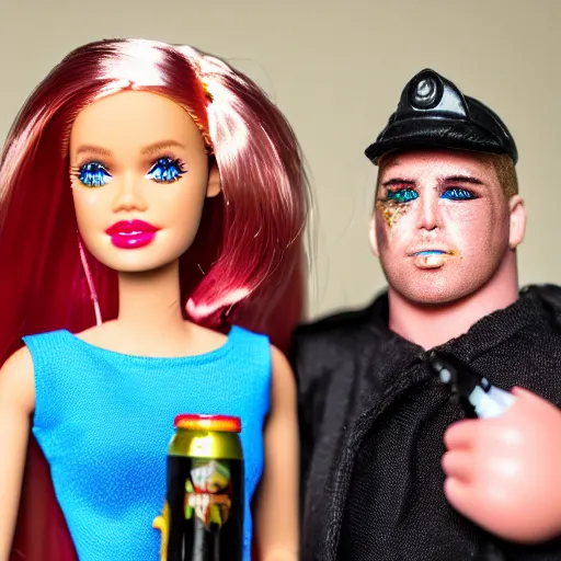 Prompt: a Barbie doll with black eye and bloody lip, standing next to Ken doll holding a beer