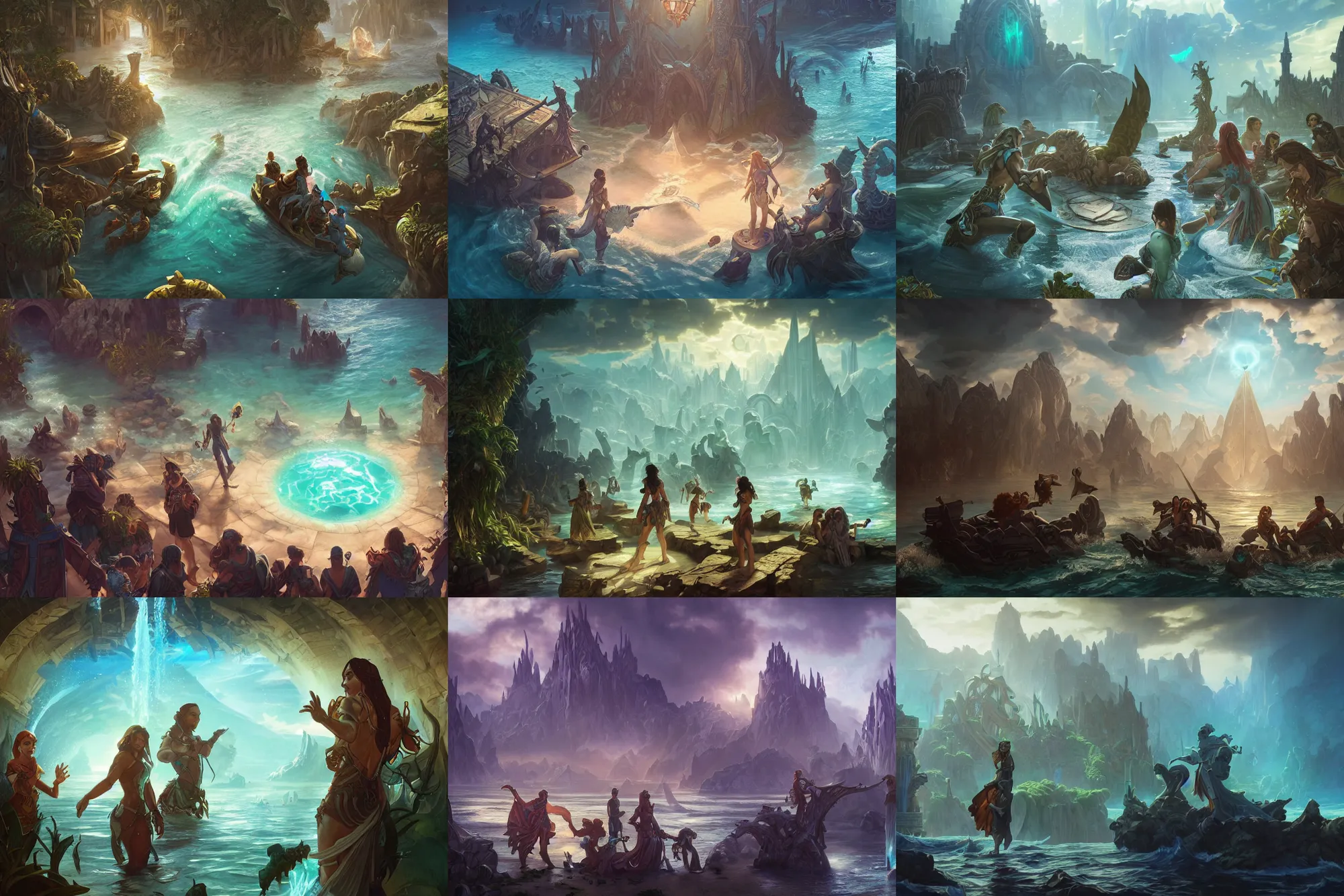 Prompt: a hyperrealistic render of a dnd campaign in atlantis, water, outdoor, art by Artgerm and Greg Rutkowski and Alphonse Mucha, hearthstone art style, epic fantasty card game art, Beautiful dynamic dramatic moody lighting, shadows, cinematic, Octane, 8K
