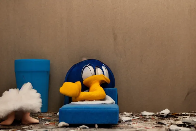 Image similar to donald duck hide in dark corner of dirty messy room, smiling, warm low light, dream core, horror