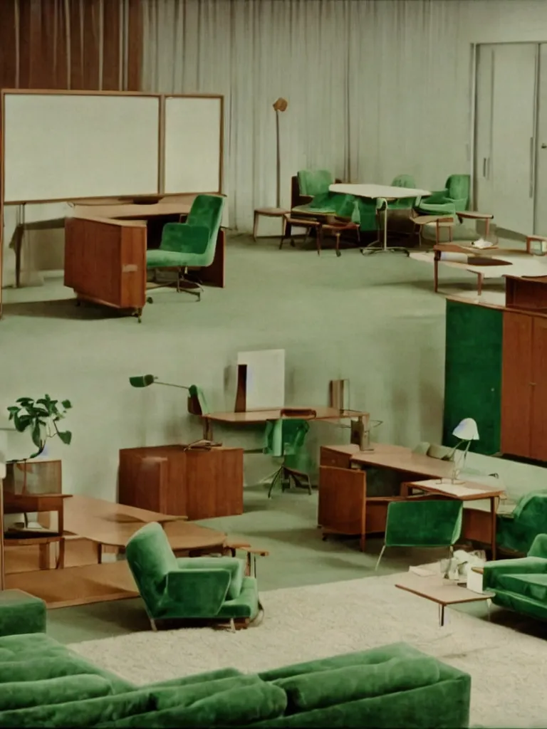 Image similar to a still of severance series indoor 7 0 s green velvet and wood with metal furniture office scenario appearing in a film of jacques tati