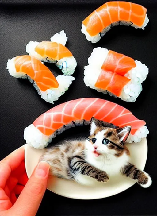 Image similar to clear photorealistic picture of adorable cats made out of sushi