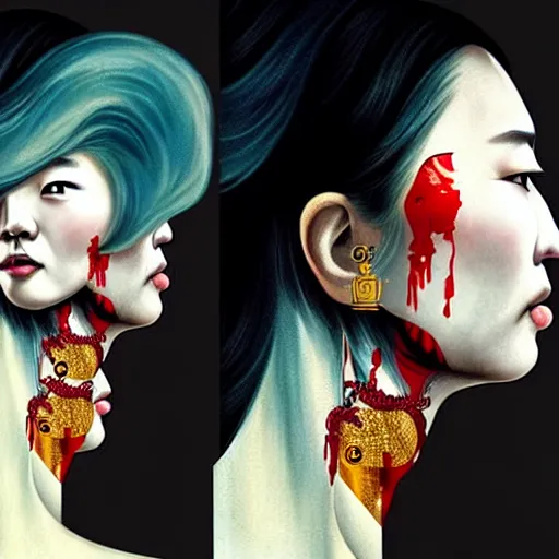 Image similar to portrait and side profile of a chinese woman :: side profile :: in ocean :: clockwork details :: gold :: blood and horror :: by vikings and Sandra Chevrier