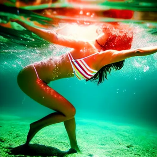 Prompt: a woman in bikini breaking the surface of the water, underwater photography with light scattering and water refractions, smooth