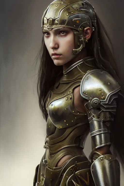 Image similar to a photorealistic painting of an attractive young girl, partially clothed in metal-plated battle armor, olive skin, long dark hair, beautiful bone structure, symmetrical face, perfect eyes, intricate, elegant, digital painting, concept art, illustration, sharp focus, minimal artifacts, from Metal Gear, in the style of Ruan Jia and Mandy Jurgens and Greg Rutkowski, trending on Artstation, award winning