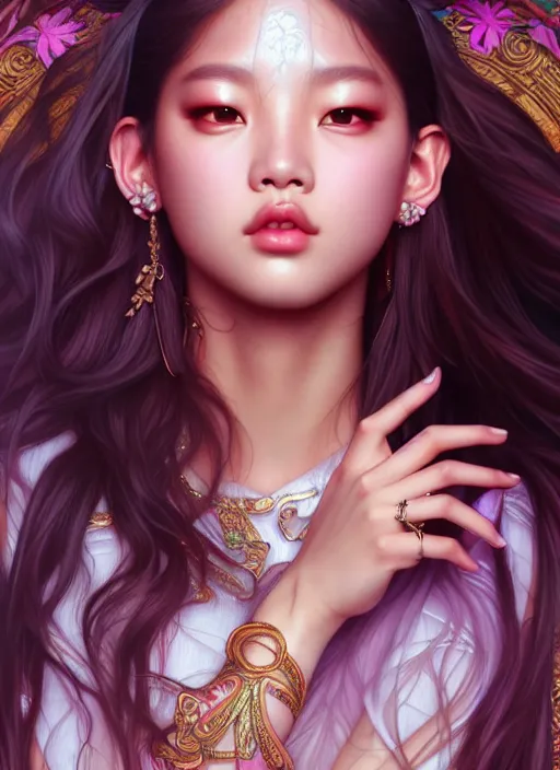 Image similar to jennie of blackpink, goddess of the moon, highly detailed, digital painting, smooth, sharp focus, illustration, ultra realistic, unreal engine, 8 k, art by artgerm and alphonse mucha