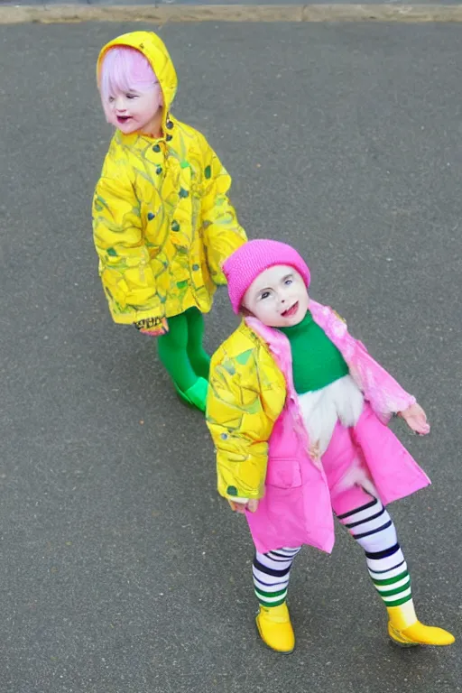 Image similar to a girl with short pink hair, wearing a loose yellow coat, full of lovely patterns, white striped tights, green transparent inflatable shoes, by customer hanuka