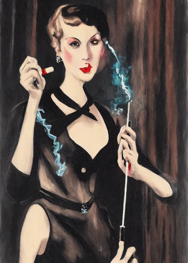 Prompt: realistic painting of a 1 9 2 0 s short - haired flapper woman in black satin gloves holding a long cigarette holder, at a jazz party in a dimly lit speakeasy, circa 1 9 2 4, colored realistic oil painting