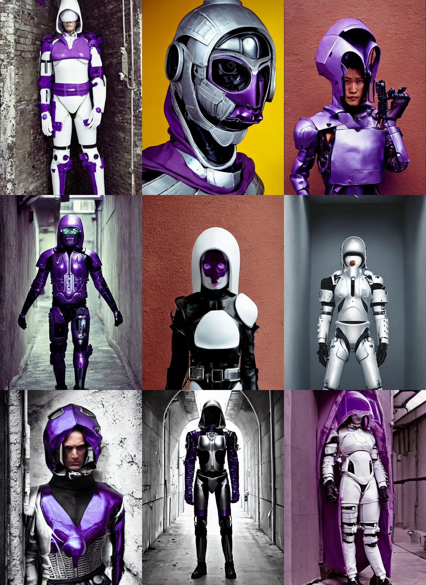 Prompt: cyborg with white sci - fi tactical gear, black leather garment, purple transparent sci - fi hood, full shot fashion photography, alleyway, by irving penn and storm thorgerson, ren heng, peter elson