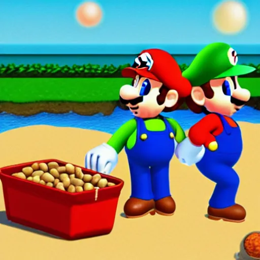 Image similar to mario and luigi on the beach eating beans, the sun setting in the background