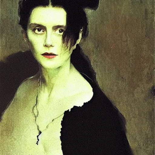 Prompt: portrait of a mysterious woman with a long shadow, by Ilya Repin and Dave McKean