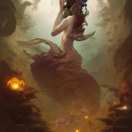 Image similar to reaching enlightenment by peter mohrbacher and emmanuel shiu and martin johnson heade and bastien lecouffe - deharme