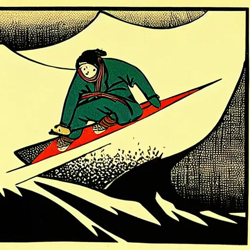 Image similar to man snowboarding woodblock print, style of hokusai, fine art, style of kanagawa, painting