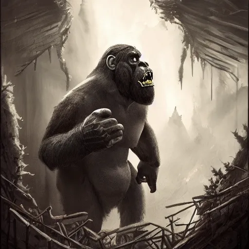 Image similar to King Kong in cinematic scene, fantasy art, in the style of Arthur Addams, illustration, epic, fantasy, intricate, hyper detailed, artstation, concept art, smooth, sharp focus, ray tracing