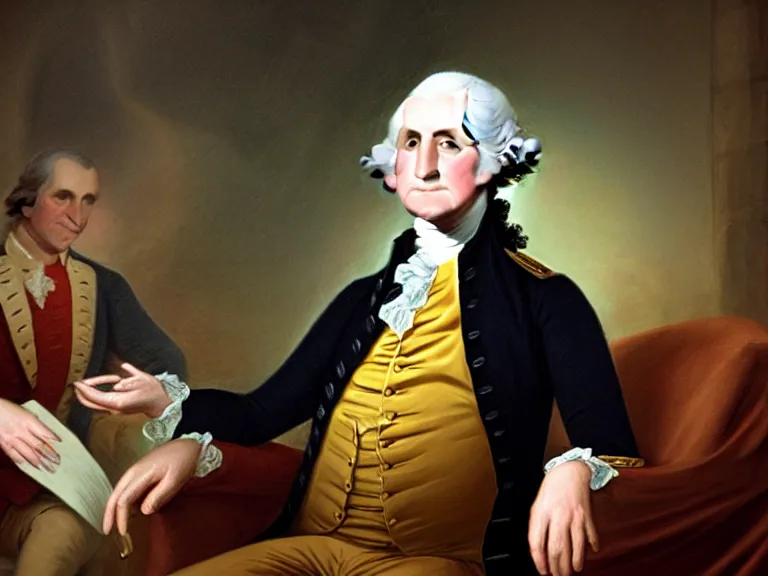 Prompt: George Washington being interviewed by Conan O’Brian; Late Night with Conan O’Brian