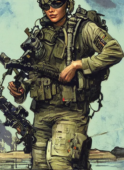 Image similar to Dinah. USN blackops operator emerging from river near shipyard. Agent wearing Futuristic stealth suit. rb6s, MGS, and splinter cell Concept art by James Gurney, Alphonso Mucha. Vivid color scheme.