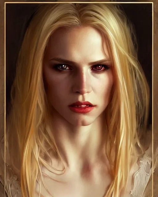 Image similar to portrait of a blonde vampire, dark, piercing eyes, gentle expression, elegant clothing, photorealistic, highly detailed, artstation, smooth, sharp focus, art by michael whelan, artgerm, greg rutkowski and alphonse mucha