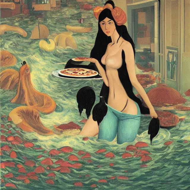 Prompt: tall female catgirl artist holding pizza in her flooded apartment, pomegranates, octopus, water gushing from ceiling, painting of flood waters inside an artist's apartment, a river flooding indoors, mushrooms, ikebana, zen, rapids, waterfall, black swans, canoe, berries, acrylic on canvas, surrealist, by magritte and monet