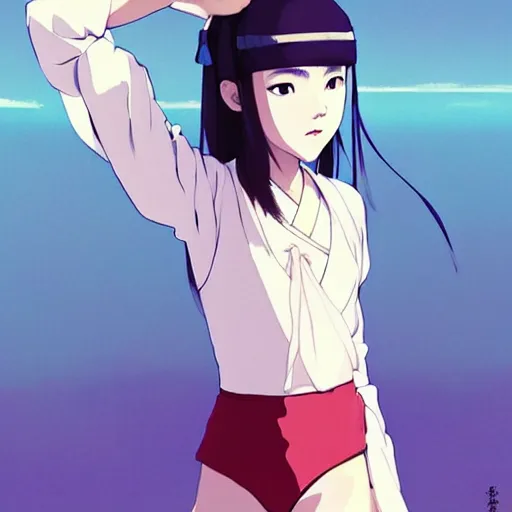 Image similar to a beautiful boyish japanese emma watson alluring instagram model, wearing elegant japanese hiphop leotard outfit with subtle mayan patterns and native fashion, aztec street fashion bathing suit, jrpg fashion, gapmoe yandere grimdark, trending on pixiv fanbox, painted by greg rutkowski makoto shinkai takashi takeuchi studio ghibli, akihiko yoshida