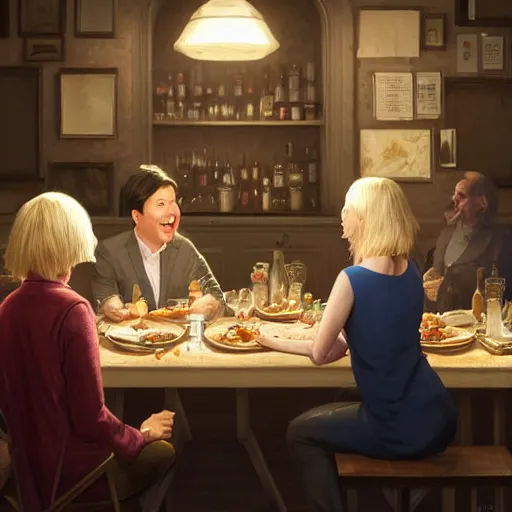 Image similar to michael mcintyre and middle aged blonde woman with short hair and a blonde woman with long hair having dinner at sunday in brooklyn, anatomy, bathed in light, highly detailed, photorealistic, artstation, smooth, sharp focus, illustration, unreal engine 5, 8 k, art by artgerm and greg rutkowski and edgar maxence