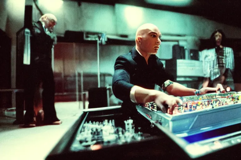 Image similar to pitbull playing a pitbull themed pinball machine in 1 9 8 5, y 2 k cybercore, industrial low - light photography, still from a kiyoshi kurosawa movie