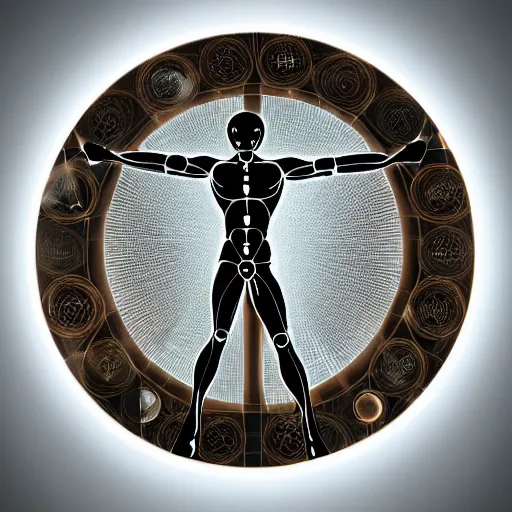 Image similar to beautiful centered fine art photo of vitruvian man as a solarpunk robotic humanoid, white mechanical parts with led lights, bouguereau style pose, photorealistic, white background, highly detailed and intricate, soft box lighting, hdr 8 k