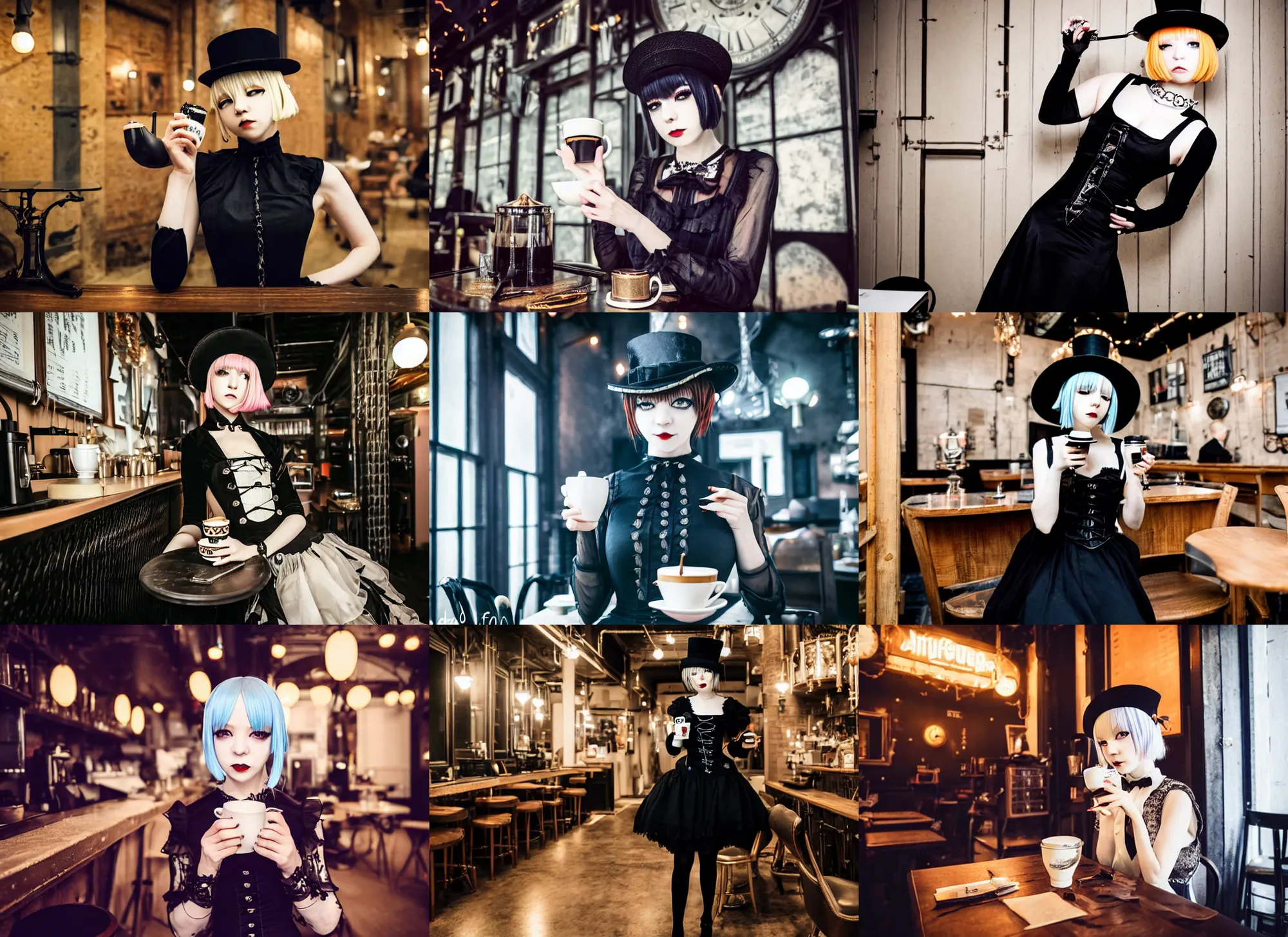 Prompt: full body portrait photo of reol wearing a elegant gothic dress, open top, wearing a tiny tophat, drinking coffee in a ( ( busy ) ) steampunk cafe interior, dim studio lighting, at night, ( ( photograph ) ), moody, realistic, detailed, low light, skin tinted a warm tone, light blue filter