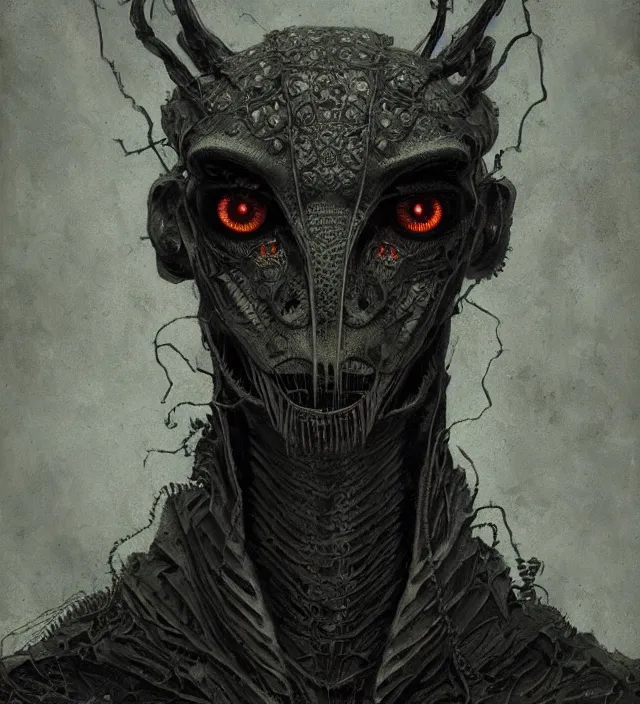 Prompt: a symmetrical matte portrait of an anthropomorphic mantis - headed demon from your worst nightmare. atmospheric lighting beyond creepy, dark, atmospheric, brooding, painted in intricate detailed by greg rutkowski, well composed, trending artstation, epic, stunning, gorgeous, intricate, wow, masterpiece